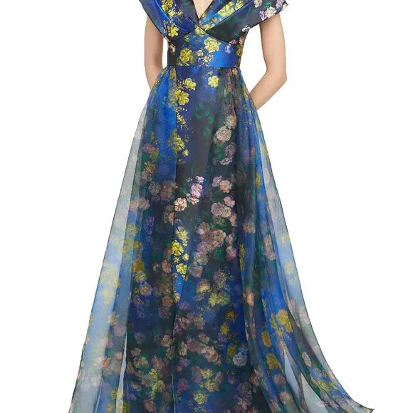 NWT Theia Nadia Draped Floral Mikado V-Neck Gown - Picture 8 of 8